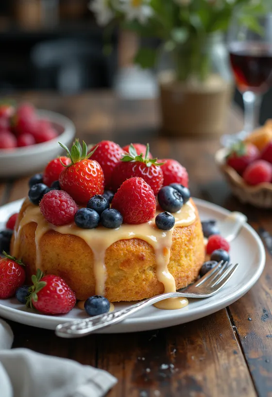 Bolo de frutas de verão decorado com frutas frescas