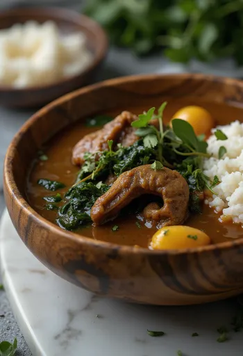 Sopa Ogbono com carne de cabra, servida com espinafre fresco e molho rico