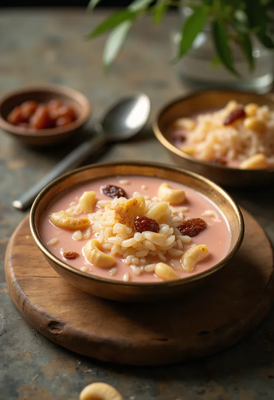 Palada Pradhaman doce de arroz cremoso servido com castanha de caju torrada e passas