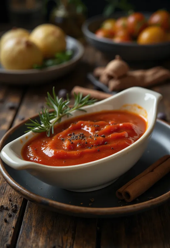 Molho de tomate com alecrim e canela servido em vidro