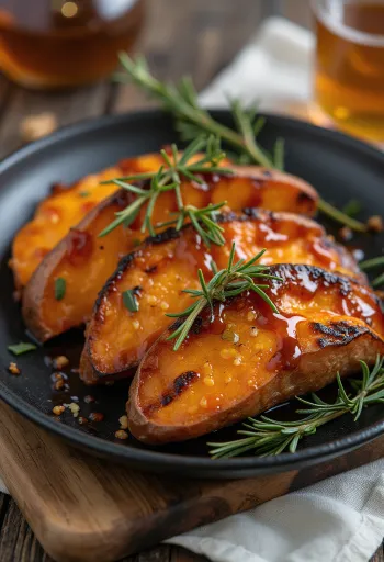 Batata-doce grelhada com barbecue e mel servida