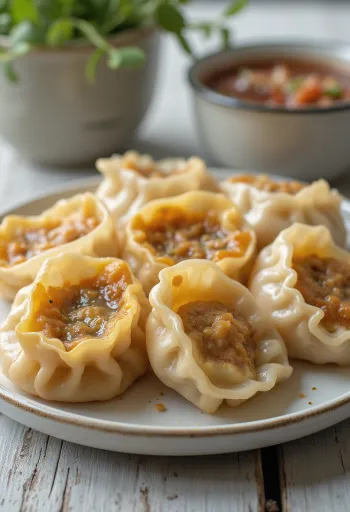 Gyoza com ovo, recheado em massa fresca e delicada, frito até ficar dourado e crocante