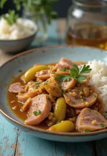 Tokány à moda do açougueiro com carne de porco suculenta, linguiça defumada e picles.