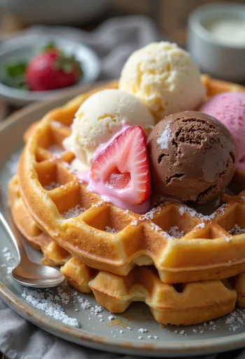 Waffle com sorvete servido com três bolas de sabores diferentes