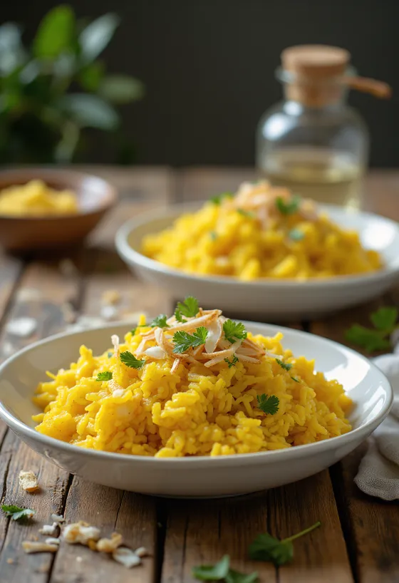 Arroz de coco com cúrcuma servido