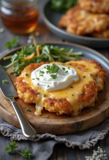 Escalope Mátra empanado crocante, servido com creme de alho e queijo ralado.