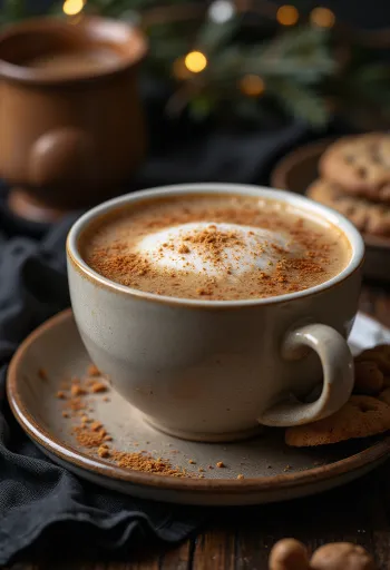 Copo de latte quente com espuma de leite e especiarias