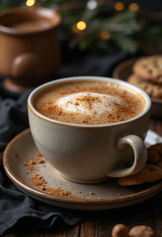 Copo de latte quente com espuma de leite e especiarias