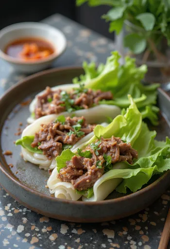 Pho cuon com carne bovina, massa de arroz fresca, ervas e rolinhos de carne bovina frita