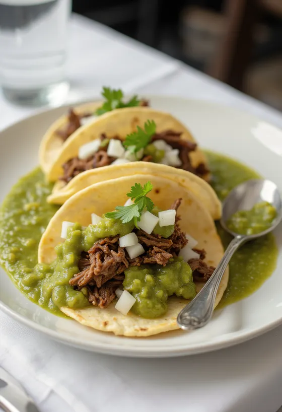 Tacos de carne com salsa verde servidos