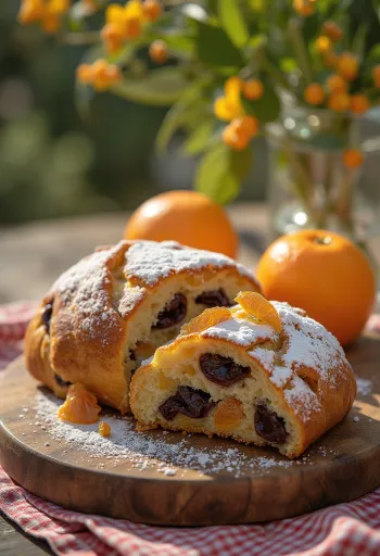 Stollen de Chocolate com Laranja fatiado, polvilhado com açúcar de confeiteiro
