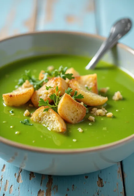 Creme de ervilhas com alho servido em prato fundo