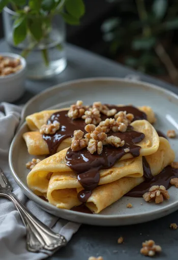 Panqueca Gundel recém-feita, recheada com creme de nozes, coberta com calda de chocolate, servida em um prato.
