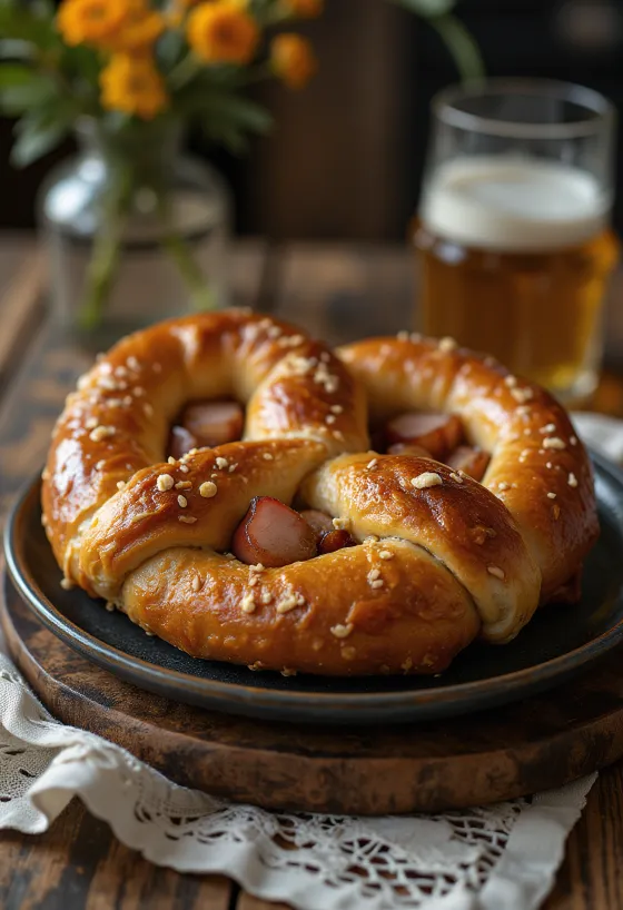 Pretzel com peito de pato servido