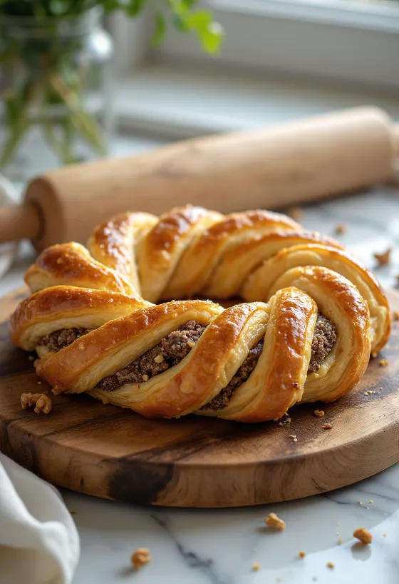 Kringle vegano com nozes e canela, servido fresco