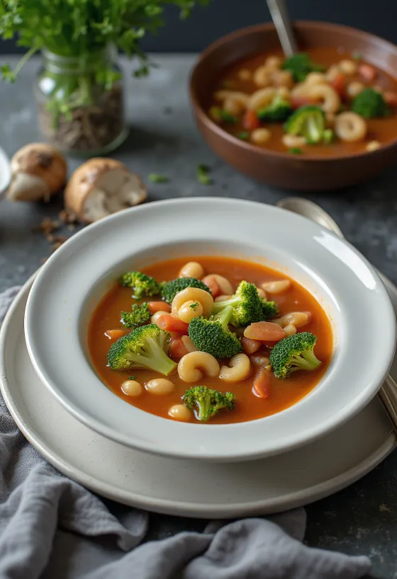 Sopa Minestrone servida com brócolis, cenoura e macarrão