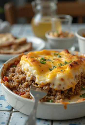 Moussaka com queijo, berinjela, carne moída e camada cremosa gratinada