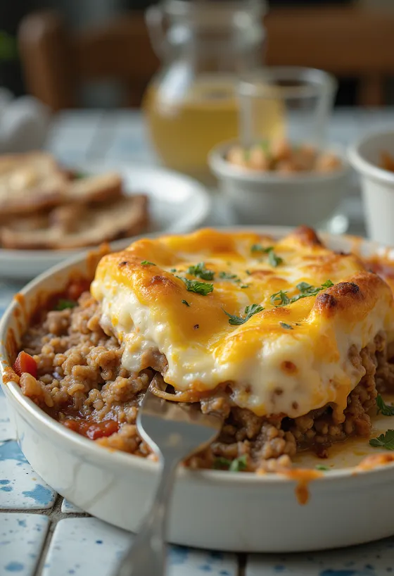Moussaka com queijo, berinjela, carne moída e camada cremosa gratinada