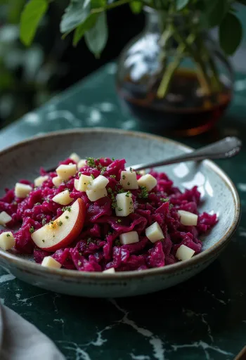 Salada prebiótica de beterraba e maçã servida com beterraba ralada, maçã e iogurte