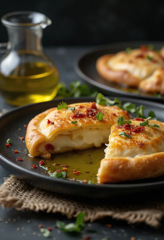 Calzone com azeite picante, crosta dourada, recheado com muçarela e azeite temperado