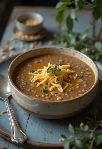 Sopa creme de lentilha com queijo defumado servida
