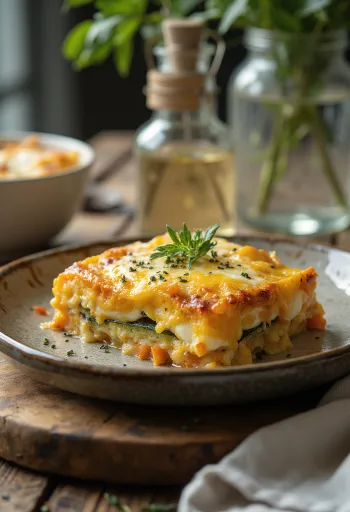 Moussaka de legumes com berinjela, abobrinha e cenoura, cobertura cremosa de iogurte
