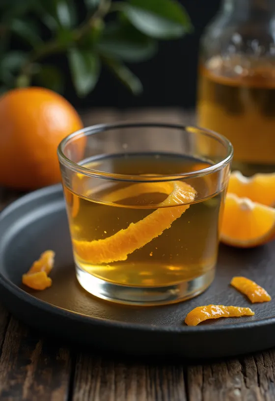 Garrafa de vidro com licor de laranja laranja-vivo