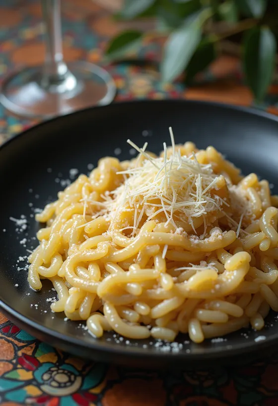 Risoto italiano de textura cremosa, decorado com queijos e especiarias