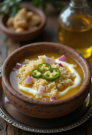 Tigela de barro com Panta bhat, iogurte cremoso, pimenta verde e azeite de mostarda
