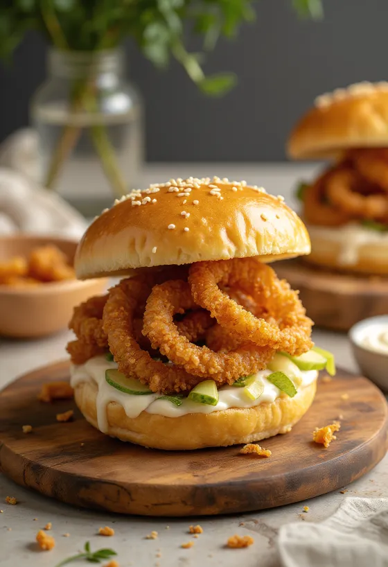 Bao bun com anéis de cebola e alho frito servido