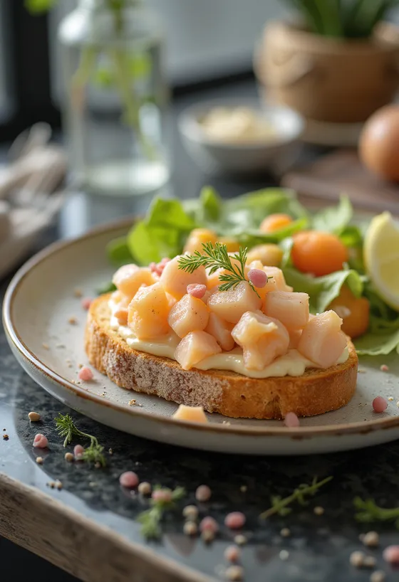 Skagenröra com kani, prato sueco com maionese, endro e pimenta fresca