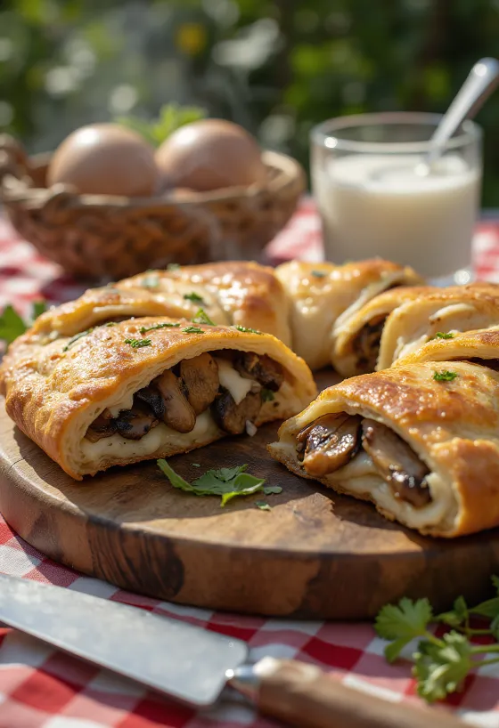 Calzone com cogumelos, crosta dourada, recheado com cogumelos e queijo