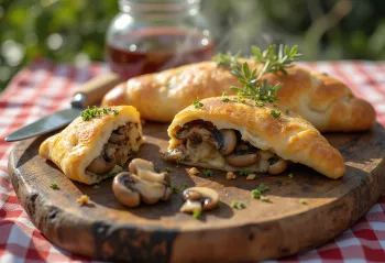 Calzone com cogumelos, crosta dourada, recheado com cogumelos e queijo