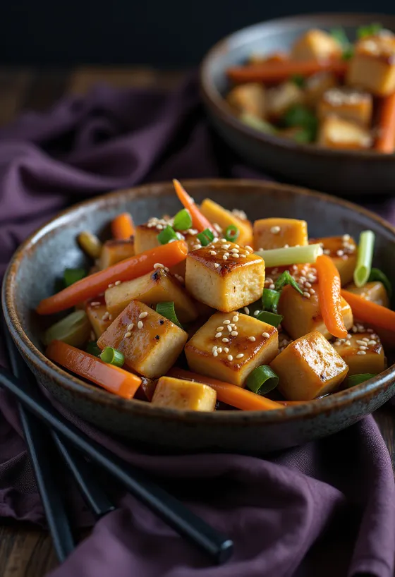 Kinpira de tofu, servido com gergelim