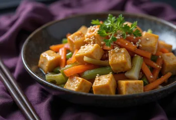 Kinpira de tofu, servido com gergelim
