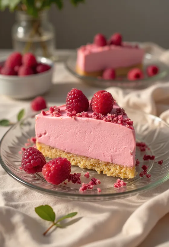 Torta mousse de framboesa decorada com framboesas