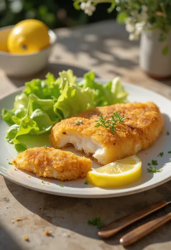 Milanesa de peixe crocante com ovo, servida com salada fresca e limão