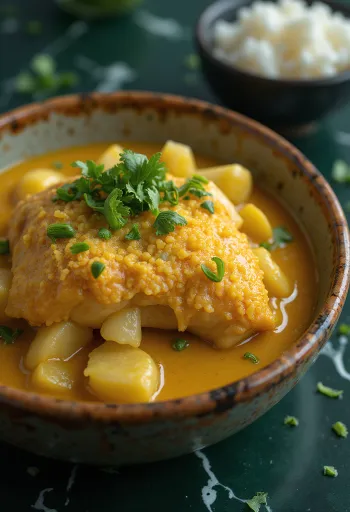 Moqueca com farofa de mandioca, prato de moqueca servido ao lado de farofa dourada crocante