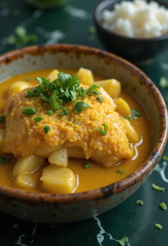 Moqueca com farofa de mandioca, prato de moqueca servido ao lado de farofa dourada crocante