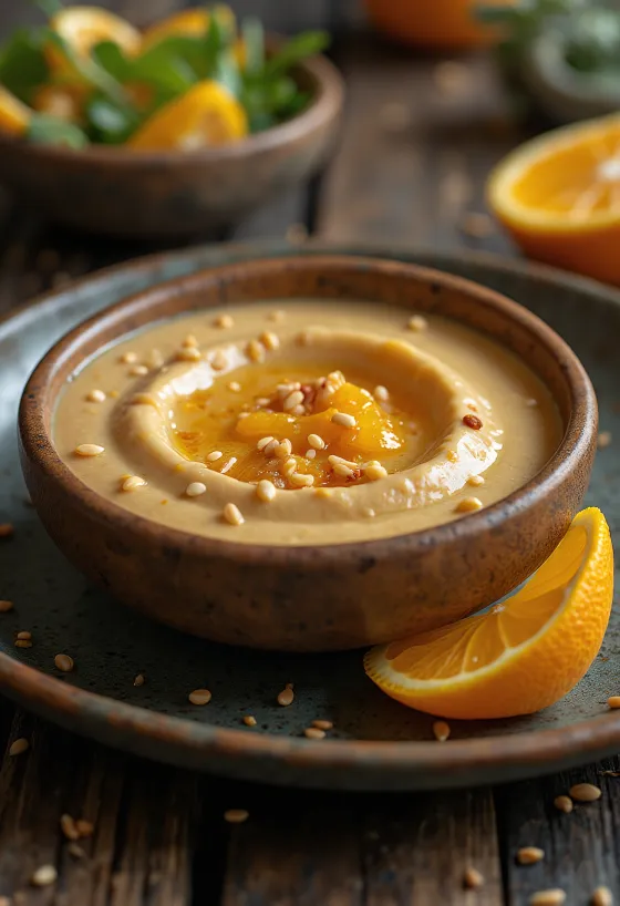 Molho cremoso e claro de tahine em tigela de cerâmica