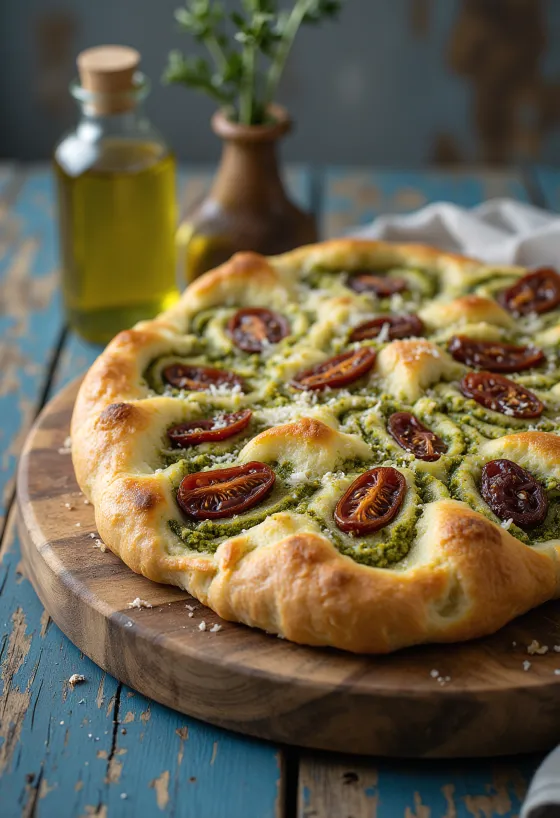Focaccia de pesto e tomate seco servida