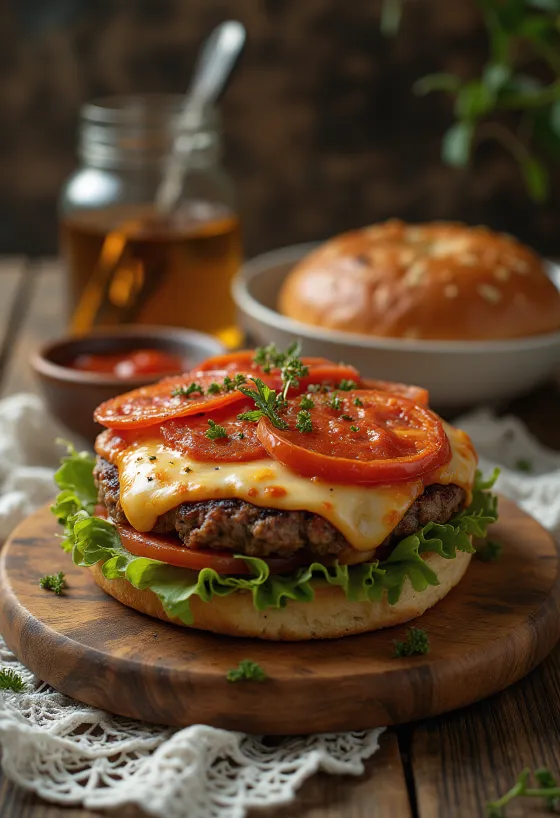 Hambúrguer coberto com pepperoni, queijo e manjericão