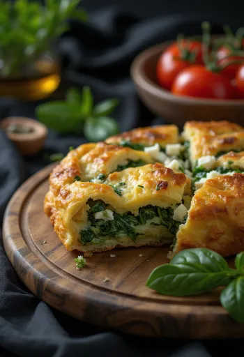 Plăcintă com espinafre, servida com massa folhada e queijo feta