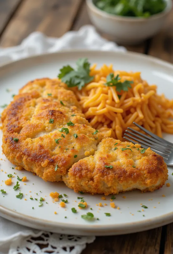 Bisteca à milanesa com arroz temperado servida
