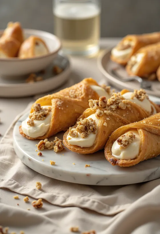 Cannoli com crocante de nozes servido