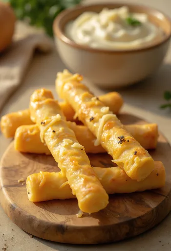 Palitos de queijo crocantes e dourados, cobertos com bastante queijo ralado