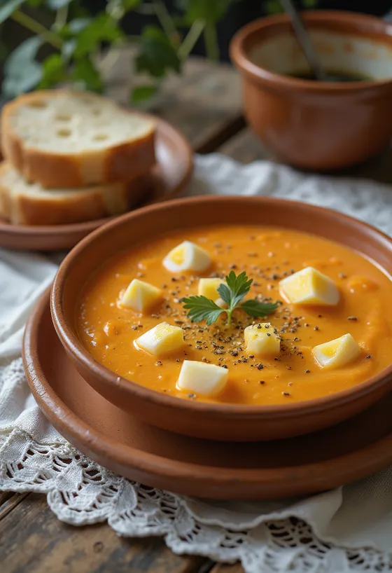 Salmorejo com ovo cozido, servido com coentro fresco