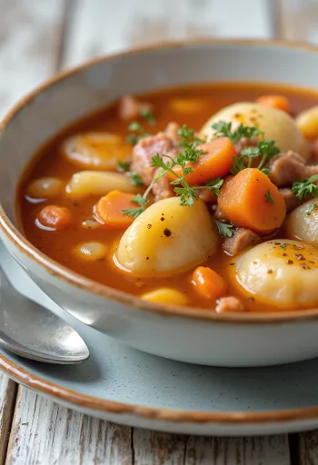 Sopa Goulash vegetariana rica em legumes e temperada com páprica.