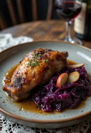Coxa de pato servida com repolho roxo refogado