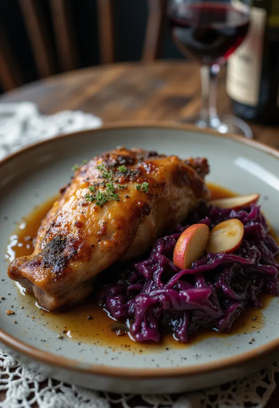 Coxa de pato servida com repolho roxo refogado